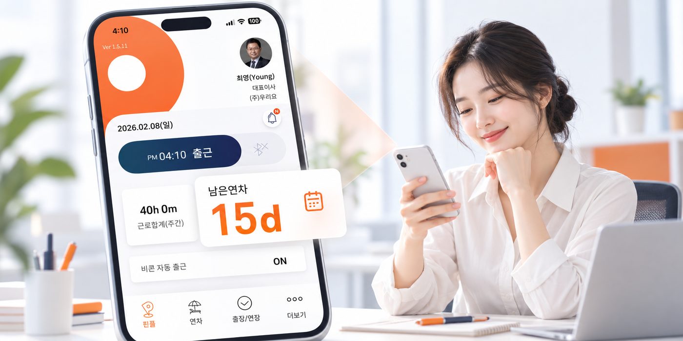 핀플 근로자 앱 메인 화면에서 직원이 자신의 남은 연차를 바로 확인하는 모습을 보여주는 설명 이미지
